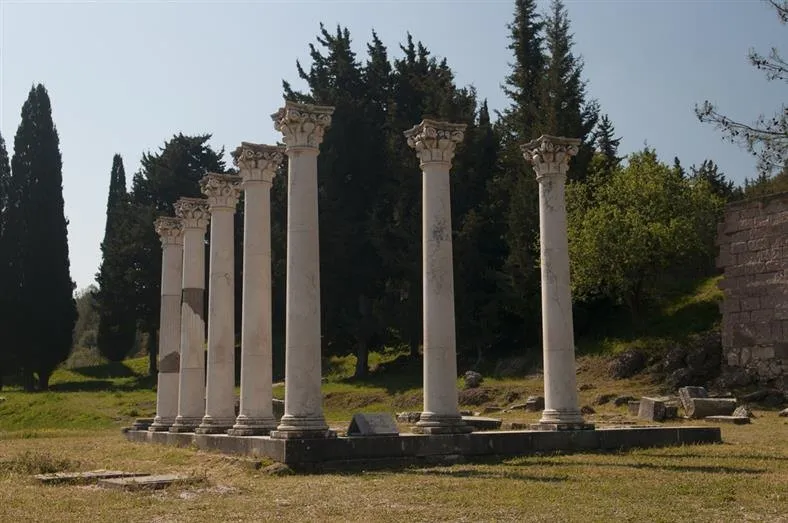 Standing marble columns at the Asklepieion of Kos among cypress trees